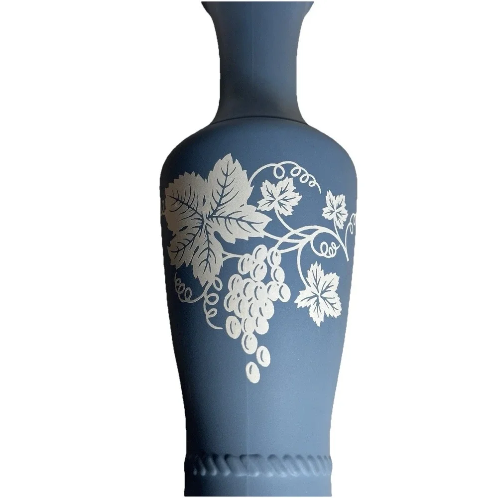 Avon Vtg 70s Faux Wedge-wood Clear Bottom Grecian Style Grapevine Tall Blue Vase